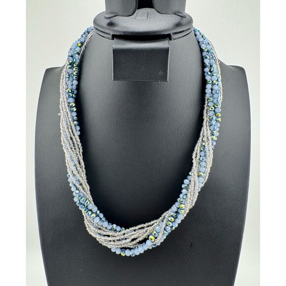 Premier Designs Necklace Layered Blue Aurora Borealis Seed Bead Strand Magnetic - Picture 6 of 10